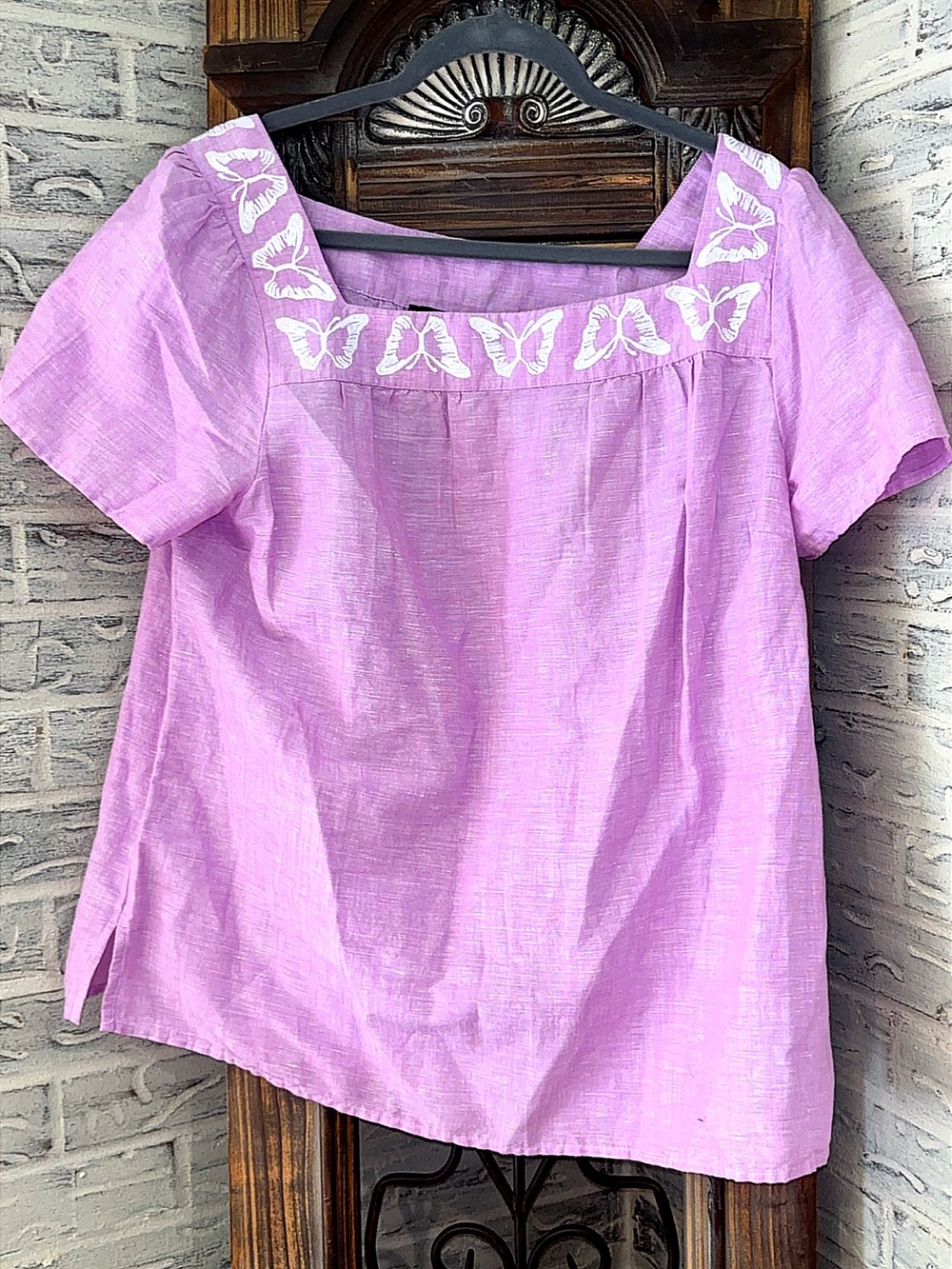 Talbots Lavender Square-Neck Top with White Butterfly Trim
